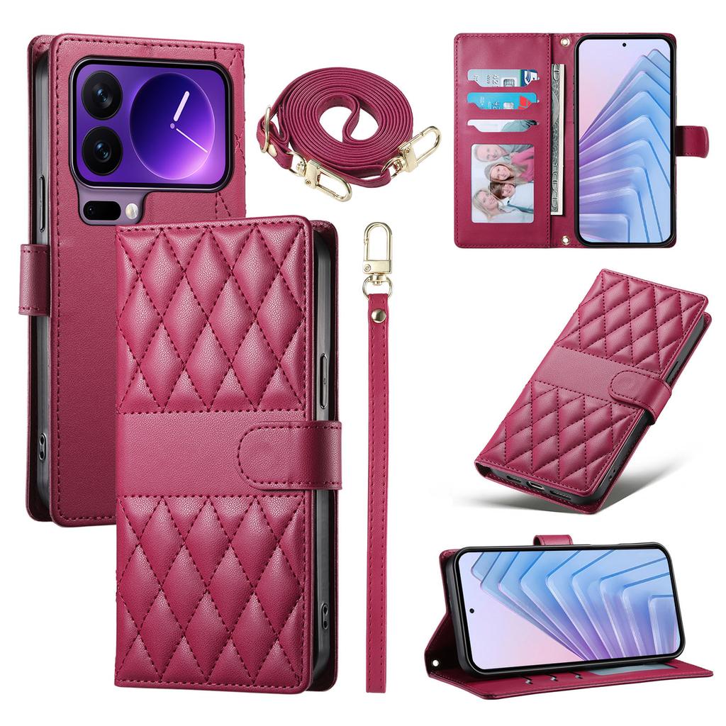For Xiaomi 17 Pro Wallet Case Rhombus Stitching Stand Leather Phone Cover with Long/Short Strap