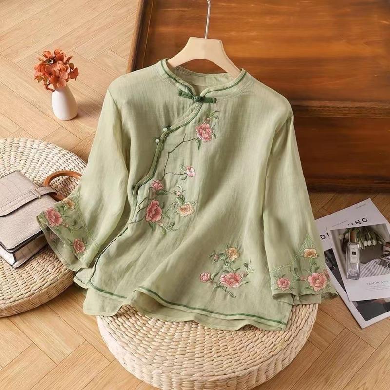 Damen S Vintage Chinesischer Stil Leinen Baumwolle 3/4 Ärmel Hemd