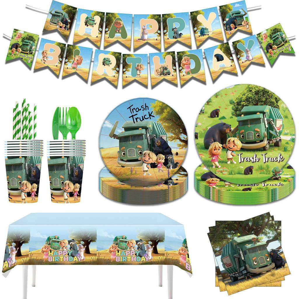 Hank Trash Truck Birthday Party Supplies Plate Cup Backdrop Balloons Cake Topper Gift Bag For Kids Favors Birthday Decoration