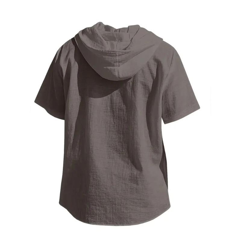 Leinenhemd Herren Kapuze Kurzarm Einfarbige Atmungsaktiv Leicht Kordelzug Design Hemden Freizeit Basic T-Shirts