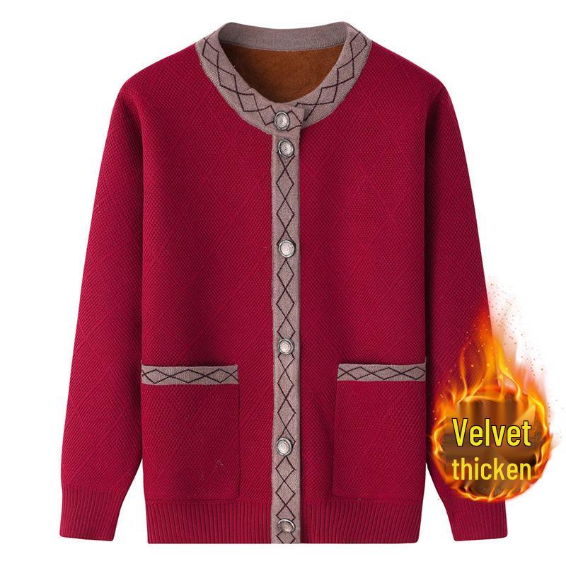 Women's Fleece-Lined Knitted Cardigan for Autumn/Winter - Ideal for Middle-Aged and Elderly.