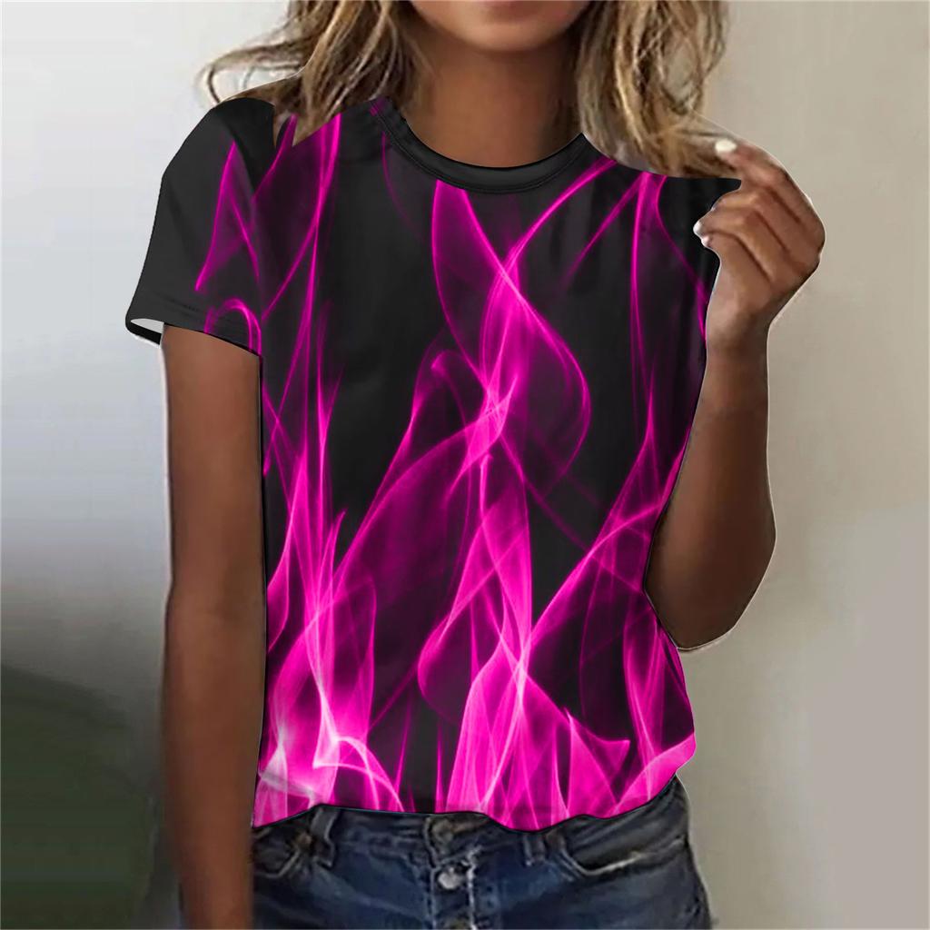 Summer Round Neck 3D Print Flame Pattern Top Fashionable Casual Short Sleeved Women's T-shirts