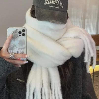 Bufanda Gruesa Blanca Sólida de Invierno 2024 para Niñas - Estilo Coreano, Chal Versátil para Estudiantes