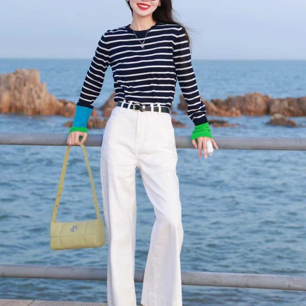 Thickened Skin-Friendly Age-Reducing Colorblock Cuffs Striped Knit Sweater - Xiaohongshu Style Long-Sleeve Base Layer for Autumn/Winter