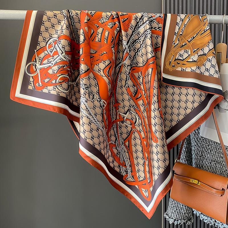 Geometric Spring   Autumn and Summer Universal Sun Protection Large Scarf Scarf Scarf Scalp Imitation Silk Double-sided Printing New Square Scarf