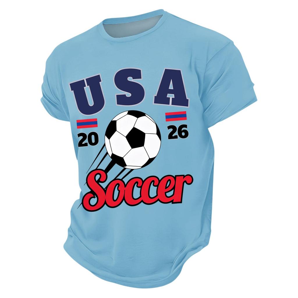 Men’s Casual Crew Neck Printed Short Sleeve Lightweight Breathable Top with USA 2026 Soccer Letter Graphic Design