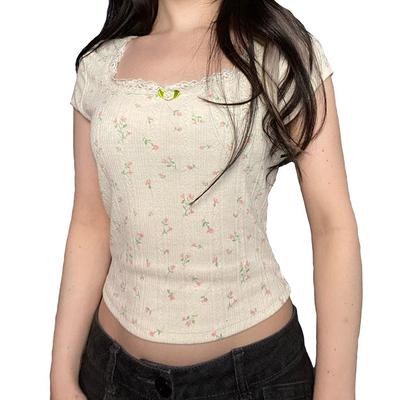 Clear and Sweet Floral Short-sleeved T-shirt Women's Summer New Round Neck Age-reducing and Thin Top