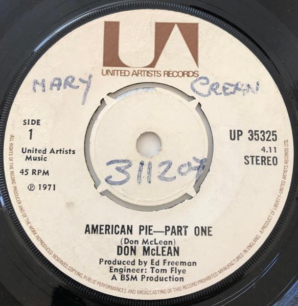 7inch Record DON MCLEAN - American Pie UP35325 United Artists  1971 Ireland Rock Used