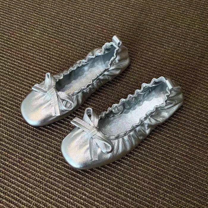 IPPEUM Women Ballet Flats Shoes Round Toe 2025 New Red Silver Mary Janes Ballerina Shoes