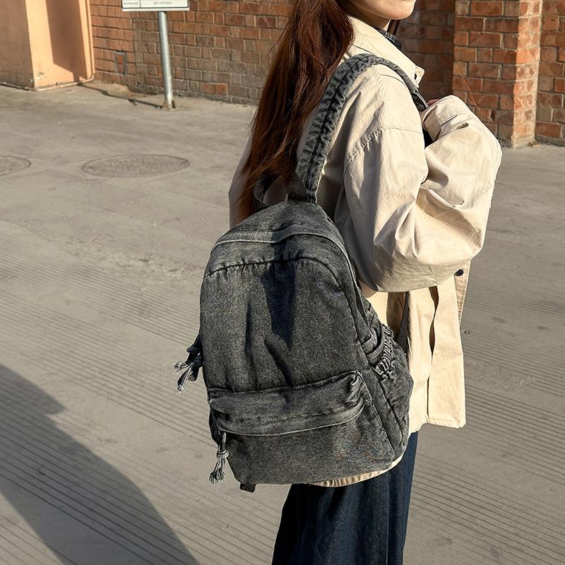 Retro Japanese Washed Denim Backpack for Women, Simple and Versatile, Student Casual Backpack, Harajuku Style Canvas Backpack