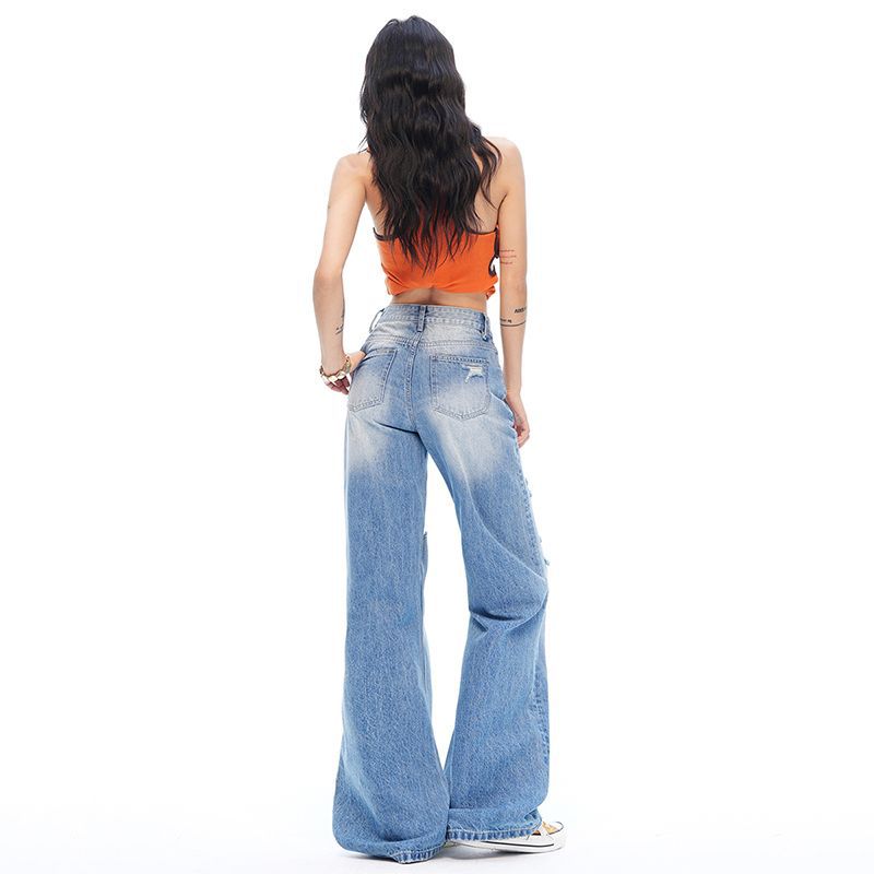 Distressed Raw Hem Micro Flare Light Tone All Match Slim Horse Hoof Denim Pants Ladies Spring Summer Casual Pants Oversize Denim Trousers