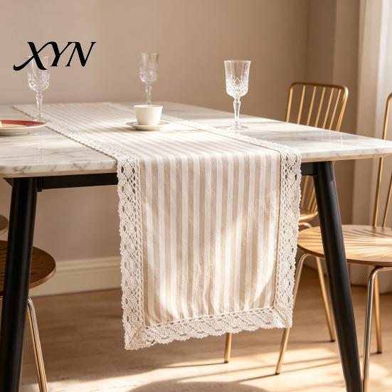 Striped Table Runner Runner, Lace Trim Cotton Linen Tea Rustic Farmhouse for Home Dining Decor Entryway