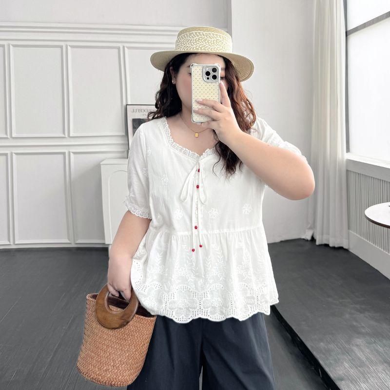 Plus Size Women Clothing [Popular Beautiful Shirt This Year] Chubby Girl Summer Lace Embroidered Hollow Slimming Short Sleeve Shirts