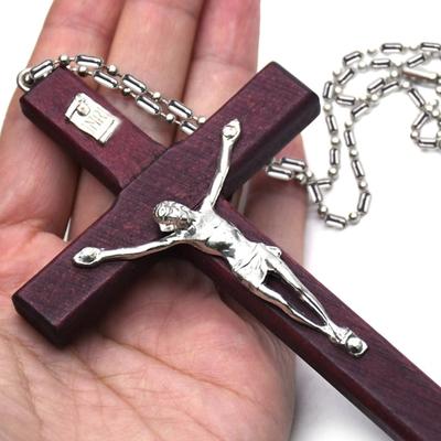 Retro Jesus Cross Necklace Wood Metal Pendant Orthodox Praying Chain Jewelry Catholic Religious Christian Crucifix Gift for Men