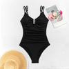 2025 European & American Solid Color Ruched Slimming One-Piece Bikini Swimsuit