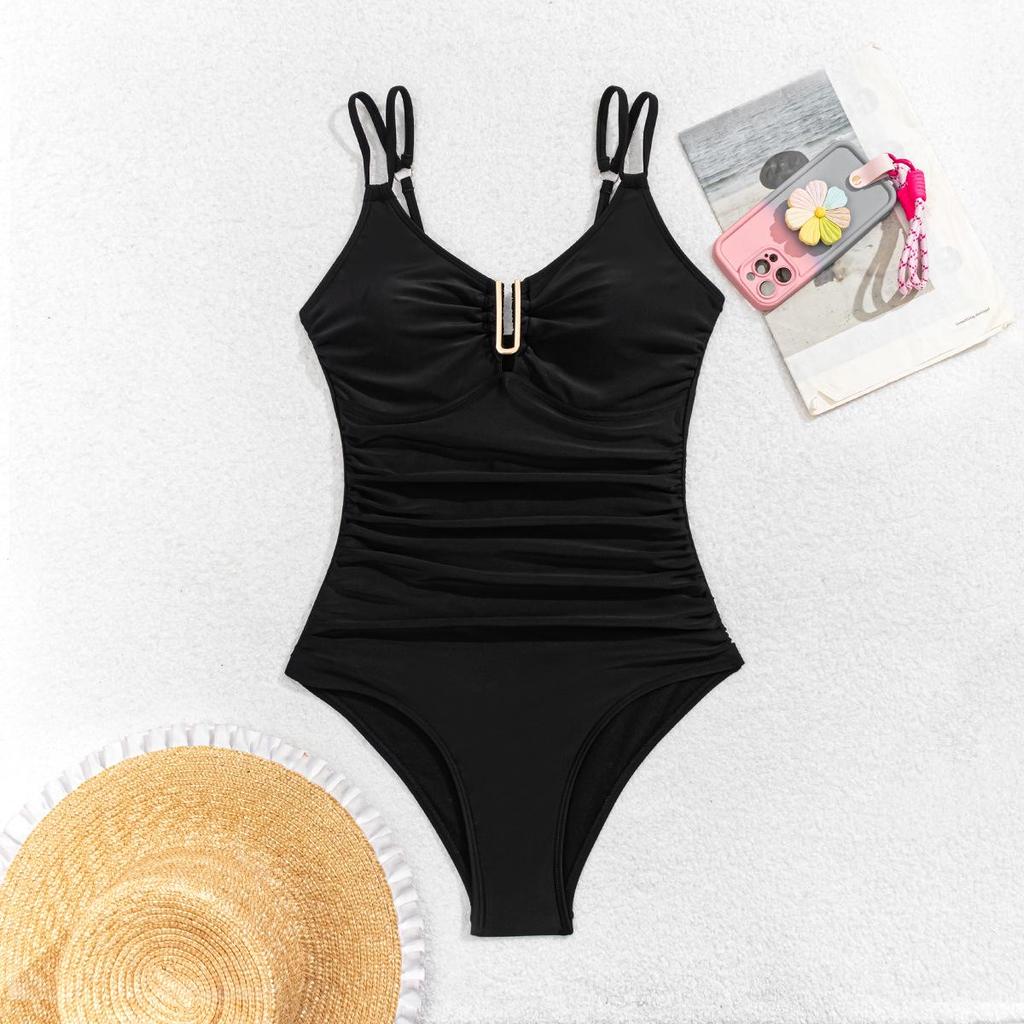 2025 European & American Solid Color Ruched Slimming One-Piece Bikini Swimsuit