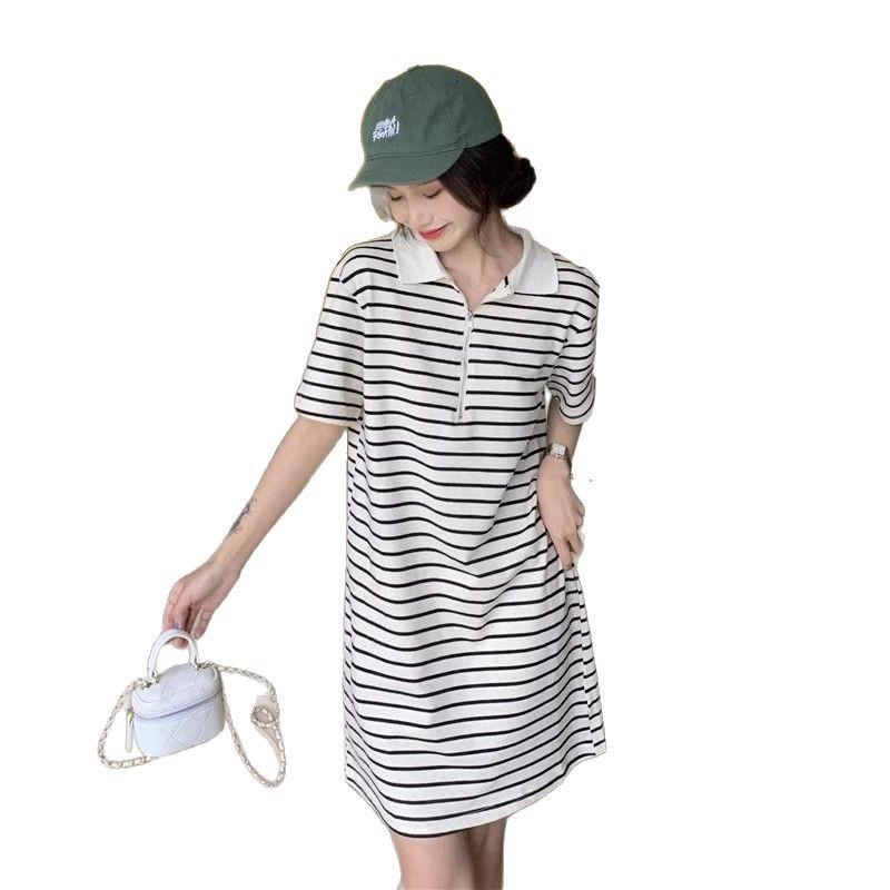 Summer 2025 Korean Sweet Sporty Striped Polo Collar Dress - Women's Short Sleeve Slimming Style