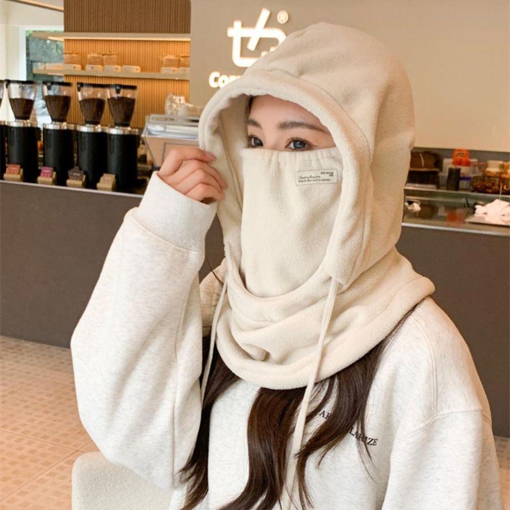 Casual Masks Hood Beanies Solid Color Pullover Cap Women Fleece Hat with Mask Ear Protector