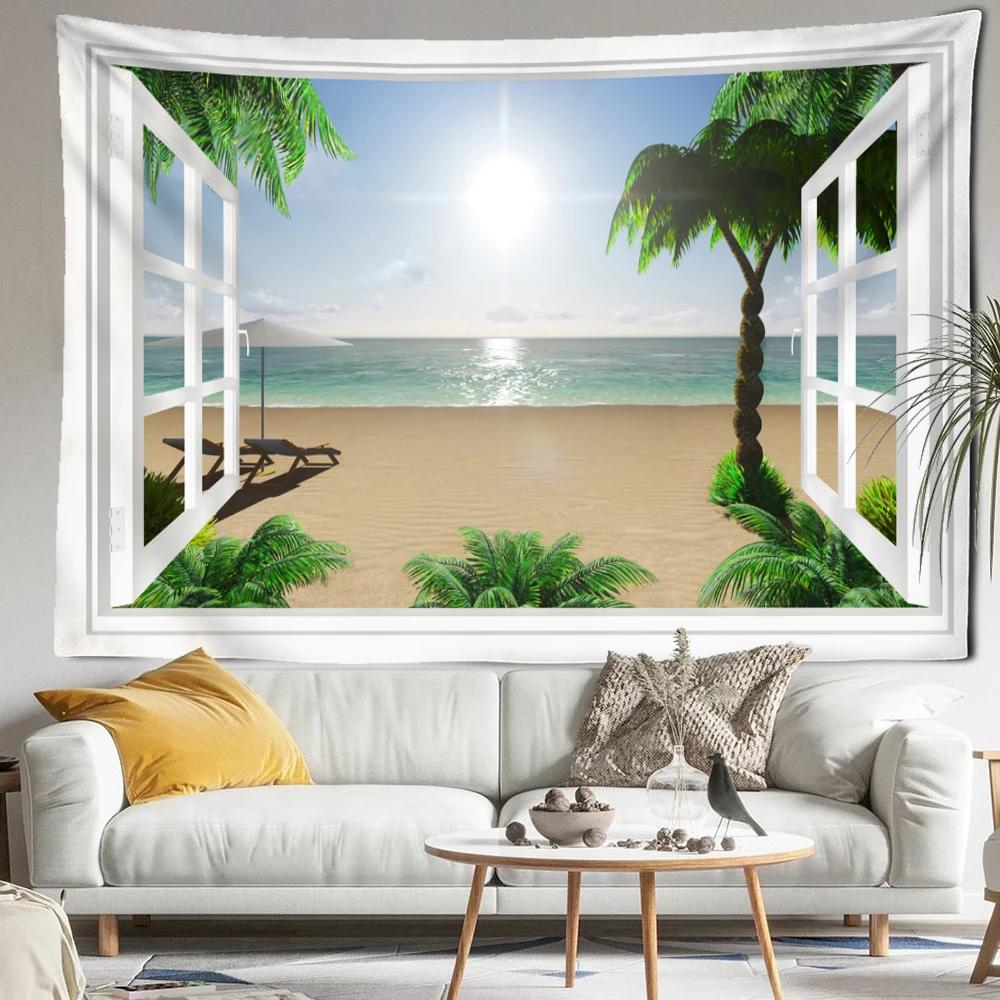 Coconut Tree Beach Scenic Tapestry Wall Hanging Bohemian Imitation Window Natural Art  Hippie Bedroom Living Room Home Decor
