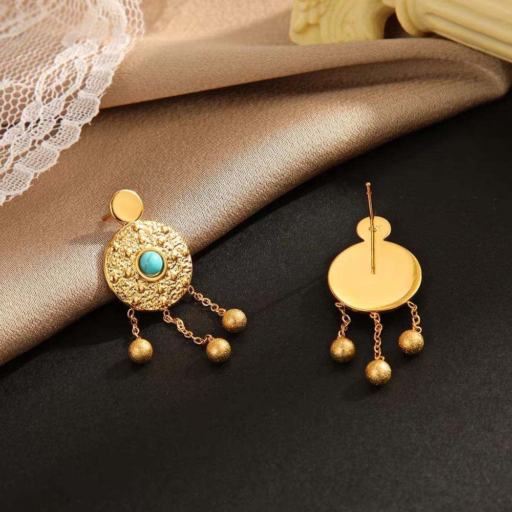 Fashion Geometric Design Hammer Texture Earrings Stainless Steel Nature Stone Turquoise Earrings  Suitable For Daily Wear