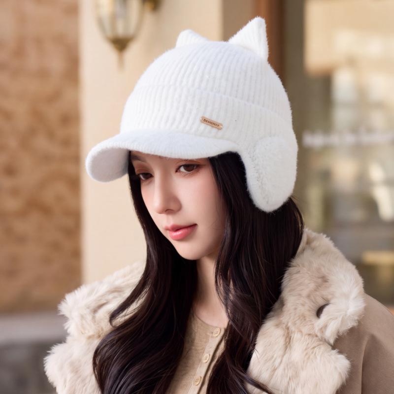 Internet celebrity cat ear knitted hat women's autumn and winter versatile velvet ear protection baseball cap cute thickened warm wool hat