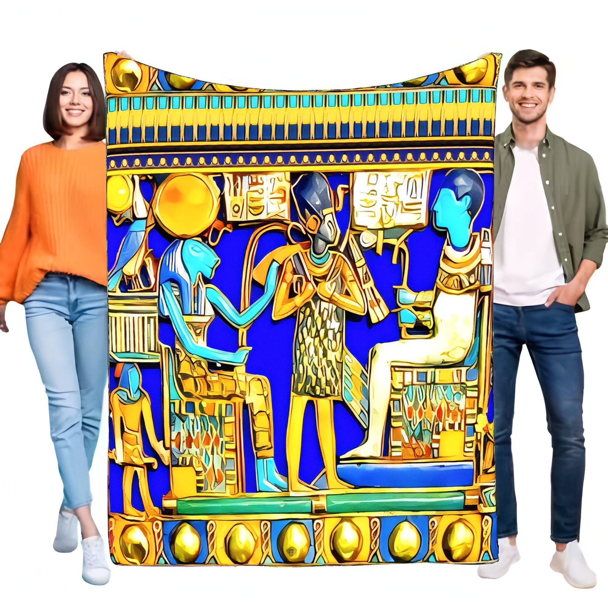 Egyptian Mythology Throw Blanket Soft Cozy Flannel Artistic Pharaoh Gods Hieroglyphic 3D Art Sofa Bed Home Decor Unique Gift Blu 75X95CM