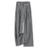 Women's Black and White Plaid Ice Silk Cropped Wide-Leg Pants - Elastic Waist, Summer Casual, Slimming, Loose Fit.