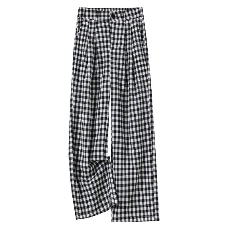 Women's Black and White Plaid Ice Silk Cropped Wide-Leg Pants - Elastic Waist, Summer Casual, Slimming, Loose Fit.
