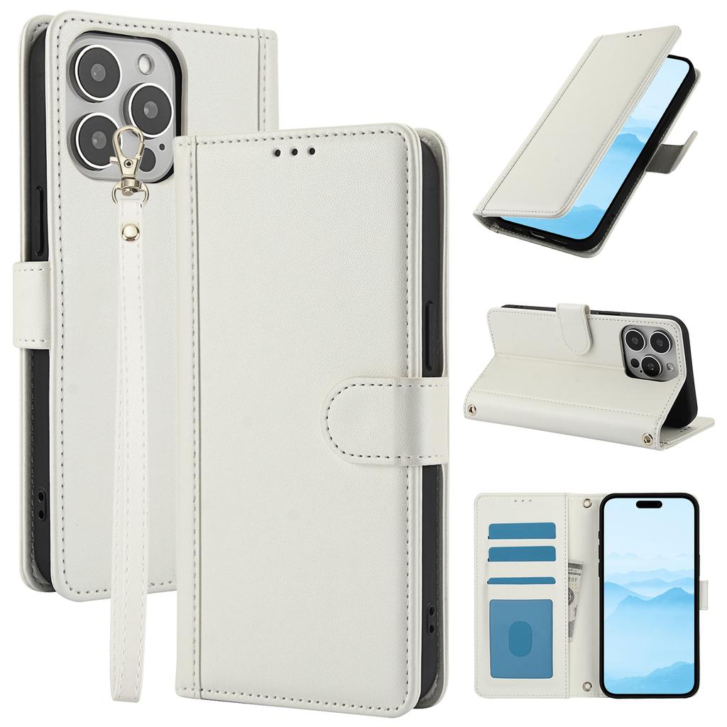 SY-003 For iPhone 15 Pro Max Case PU Leather Stand View Phone Wallet Cover with Hand Strap
