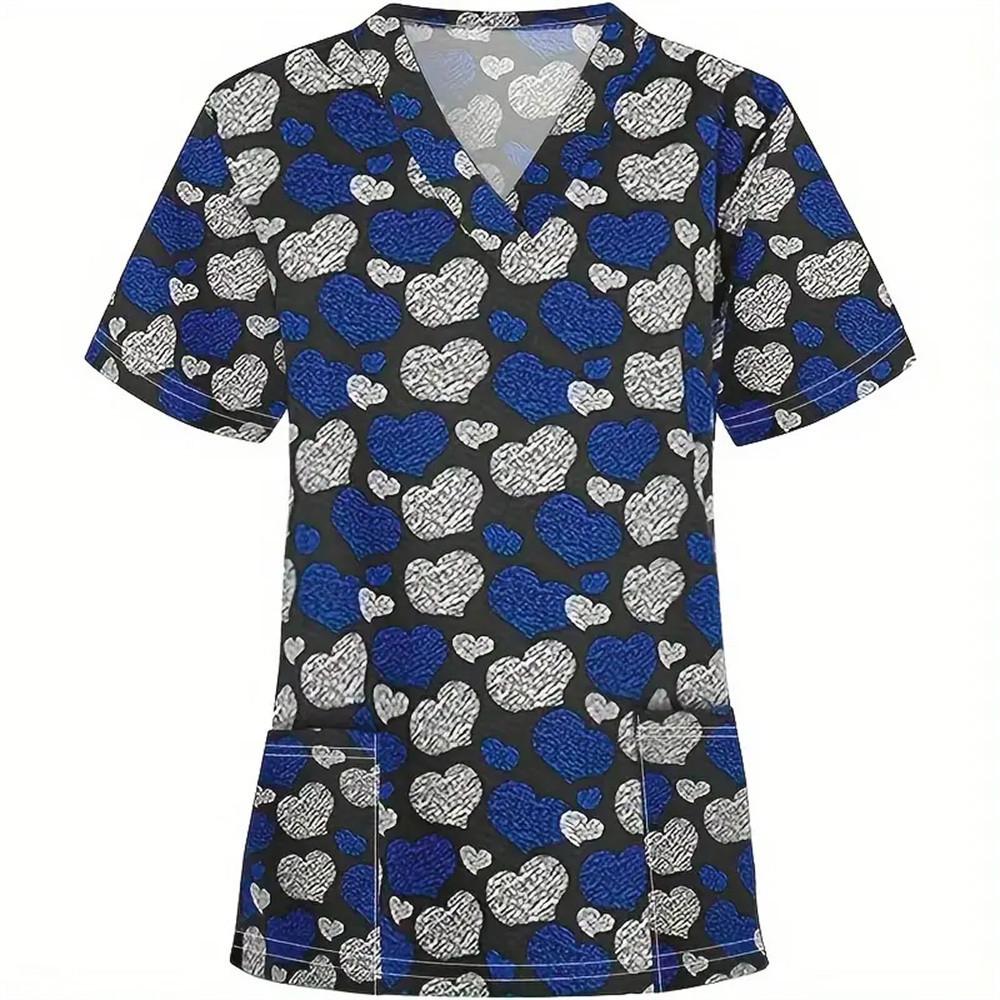 Women's T-shirt V-neck Nurse Uniform Casual Short Sleeved Women's Printed Heart T-shirt