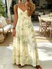 Women V Neck Spaghetti Strap Maxi Dress Soft Yellow Bamboo Leaf Ink Print Loose Flowy Long Skirt Casual Daily Vacation Wear For Summer Outdoor Trips