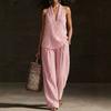 Women's Summer Striped Two Piece Set Sleeveless Halter Neck Top And Long Pants Matching Sets Casual Travel Vacation Outfits