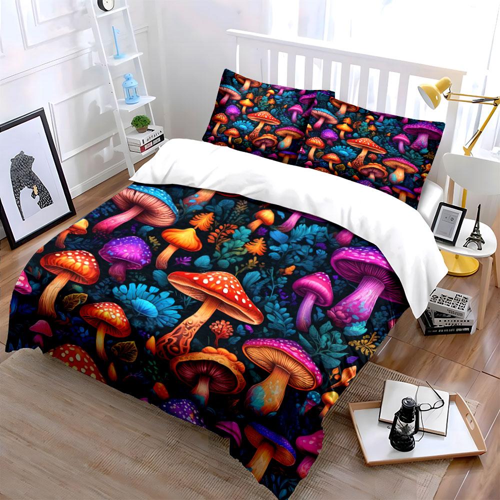 Colorful Mushroom Forest Pattern Bedding Duvet Cover Set Duvet Cover Pillowcases (1 * Duvet Cover 2 * Pillowcases, Without Duvet Insert)