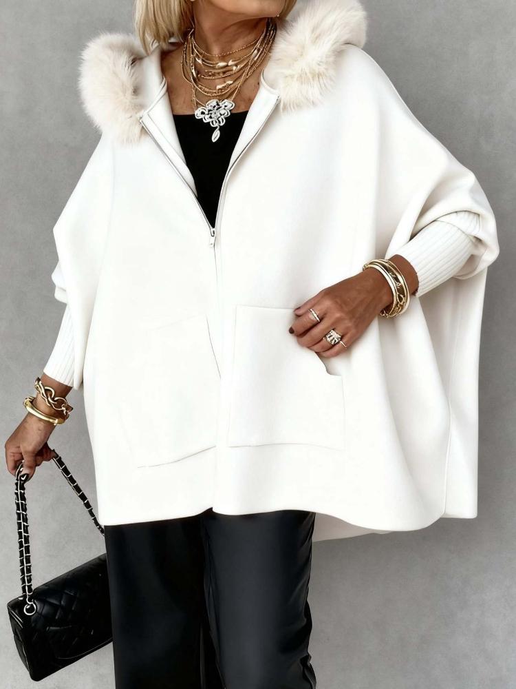 Vibrant Pink Faux Fur Collar Poncho with Zipper Closure and Pockets