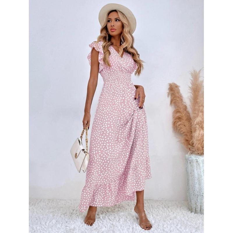 Women Floral Print V Neck Maxi Dress With Ruffle Sleeves And Smocked Waist