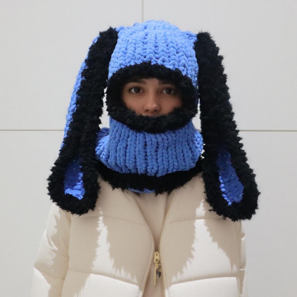 Handmade Knitted Long-eared Rabbit Head Cover Hat Balaclava Thermal Hat European and American Ski Cold Ear Protection Hat