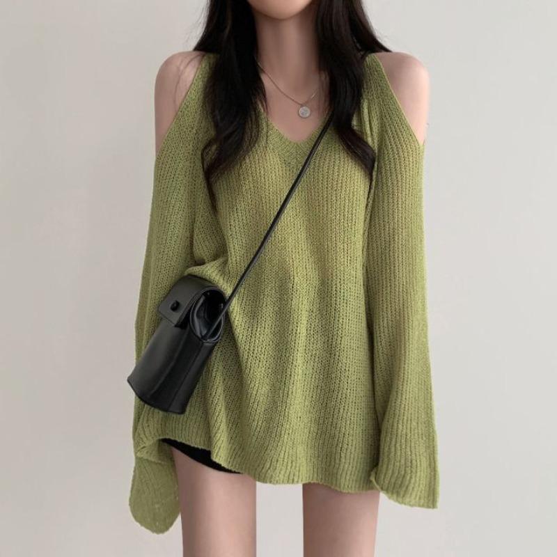 Chic Loose V-neck Off Shoulder Casual Knitted Pullovers Women Summer Thin Long Sleeve Knitwear Women Solid Elegant Fashion Sweater Woman Clothes 26587