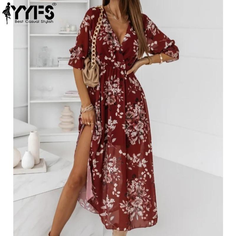 

YYFS Женская мода Лето Весна Цветочный узор Принт Короткие рукава V-образный вырез Высокая талия Повседневные платья S бордовый