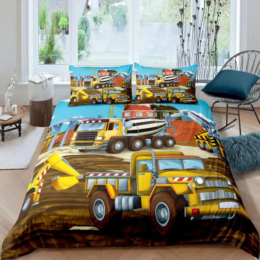 Conjunto de Roupa de Cama com Desenho de Escavadora e Trator de Construção 2/3 Peças King Amarelo Capa de Edredom Caminhão de Máquinas Capa de Colcha de Poliéster Carro para Crianças