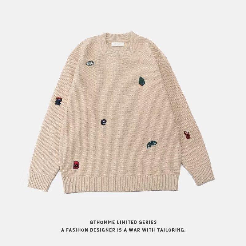 Herren Rundhalspullover Frühling und Herbst Jugend Lose Top Stickerei Reine Farbe All-Matching Herren Langarmshirt