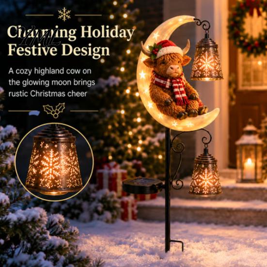 Solar Powered Porch Lighting Highland Cow Moon Garden Light, Christmas Metal Decorative Crescent Lawn Lamps Stake Outdoor Yard Path Decoration
