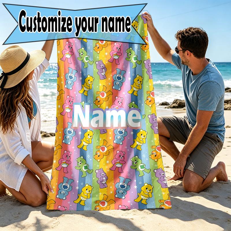 Custom Name Personalized Care Bears Print Beach Towel, for Trip Camping Beach Party Home Decor, Birthday Gift for Family & Friends
