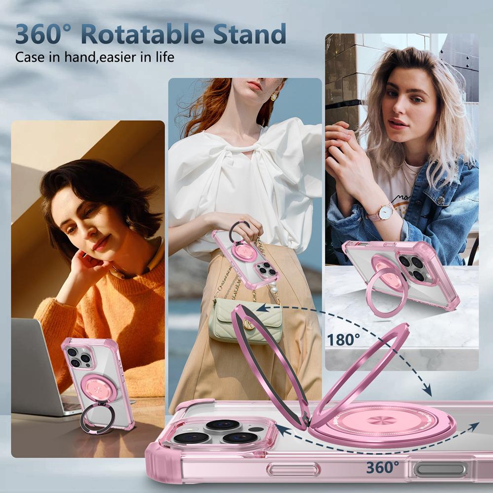 KEYSION HD Transparent Stoßfest Fall für MagSafe für iPhone 16 Pro Max 16 Plus 360 ° Drehbare Magnetische Ring Stand Telefon Abdeckung