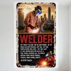 Vintage Welder Metal Tin Sign with Welding Scene & 'WELDER' Text, Rustic City Skyline Background, Man Cave Garage Art Decor for