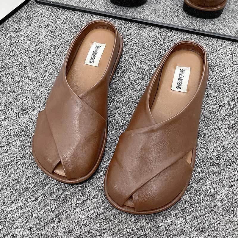 Elegantes Cómodos Chanclas de Verano para Mujer sin Cierre Punta Cerrada en Marrón Beige Negro