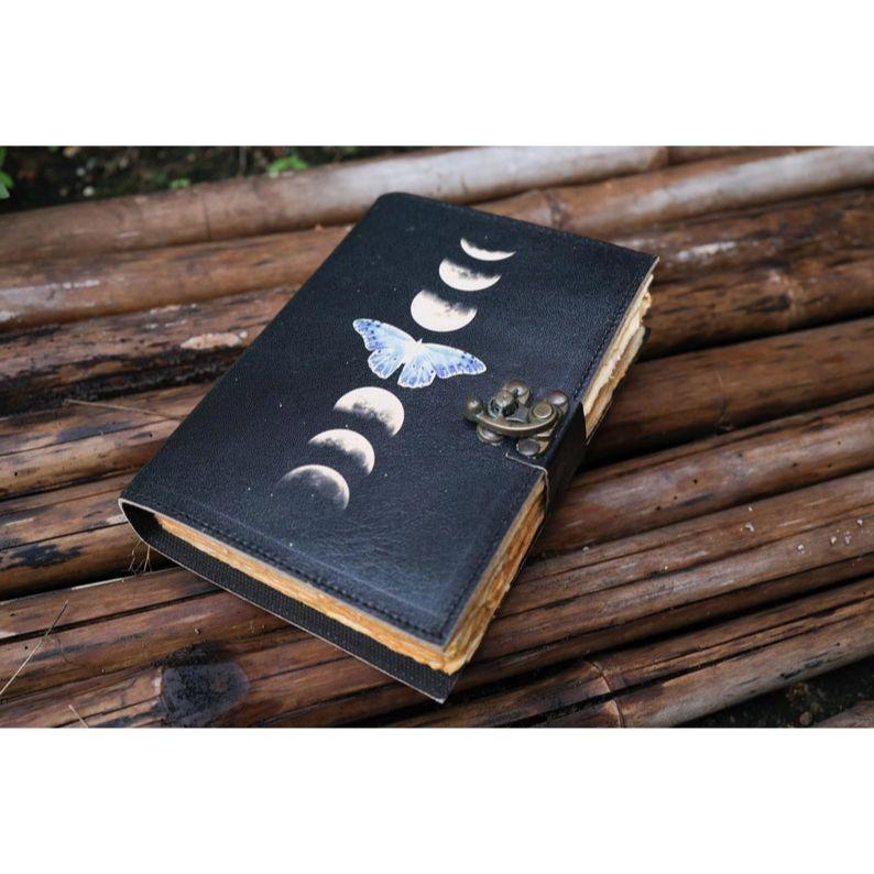 Sun & Moon Handmade Vintage Leather Journal Deckle Edge Paper, Blank Spell Book of Shadows Grimoire Journal, Gift for Him Traveling Book