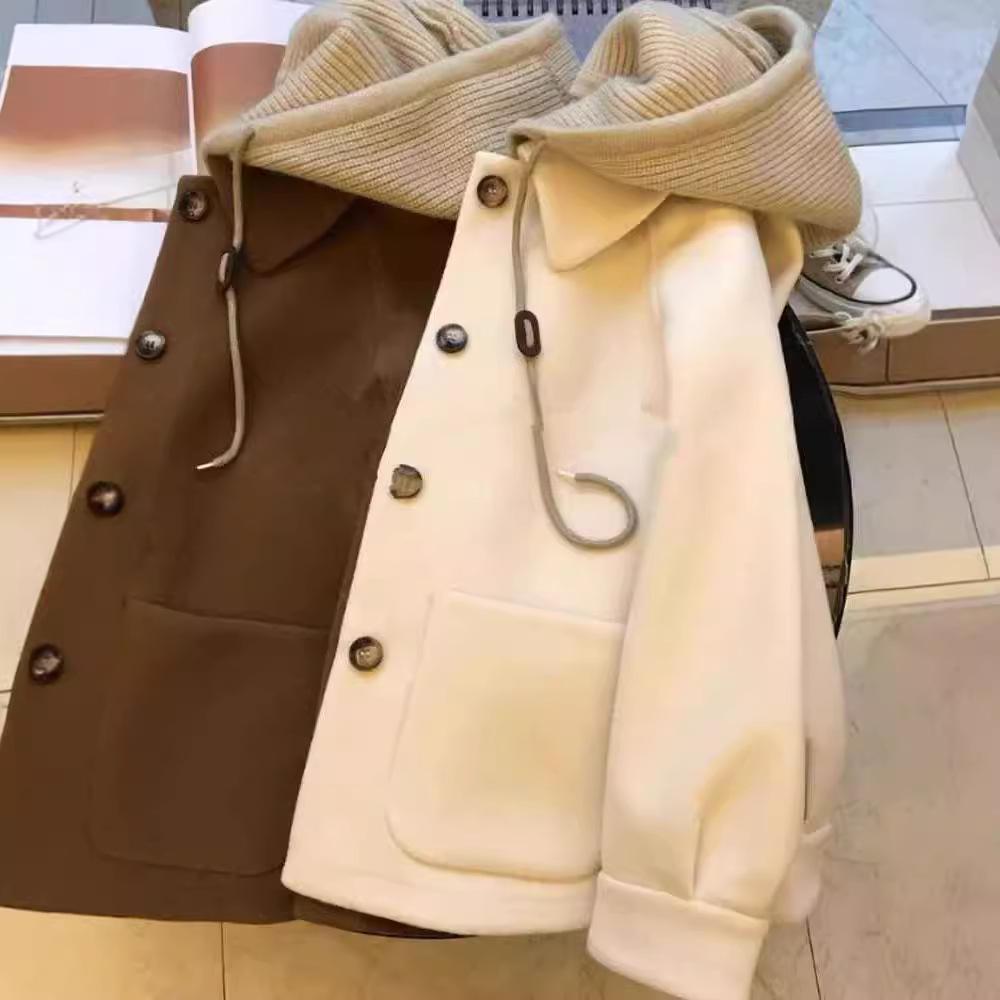Petite Korean Style Patchwork Color Block Woolen Hooded Coat for Women - Autumn/Winter Short Design