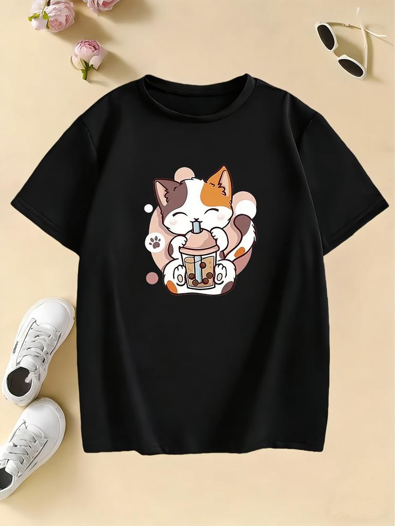 Cat Graphic Kids Tshirts Summer Short Sleeve Tees Cartoon Animal Boys Girls Clothes Kawaii Kitten Tops Y2K Tshirt
