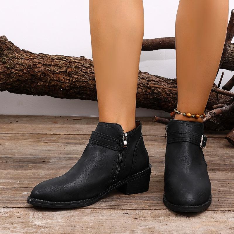 Retro Buckle Strap Ankle Boots For Women Thick Middle Heel Autumn Winter Pointed Head Short Botines Side Zipper Fashion Shoes 43