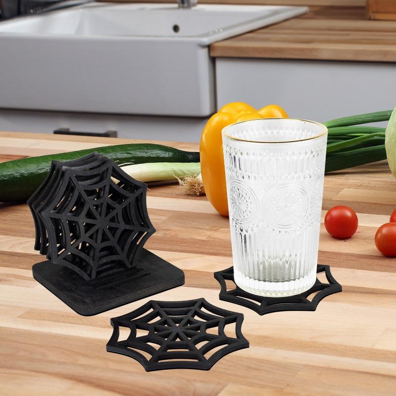 Halloween Wooden Spider Web Coaster Set Creative Hollow Desktop Coasters and Bowl Mats Festival Party Table Decoration Ornaments
